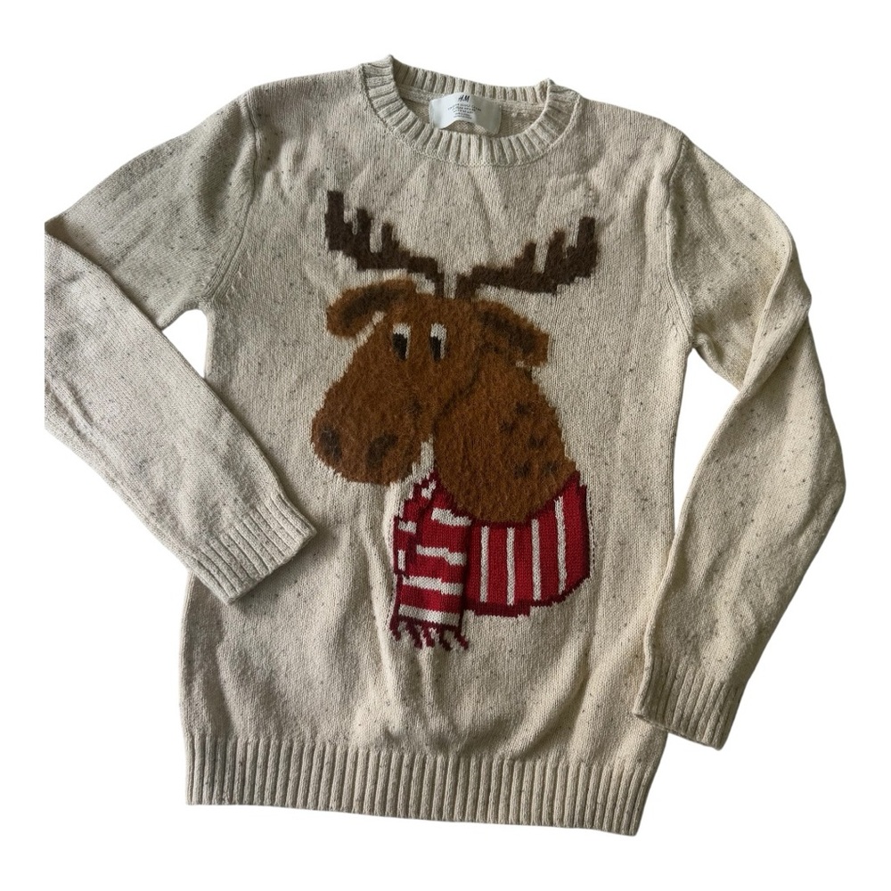 H&M Cream and Brown Knit Sweater with Reindeer Design